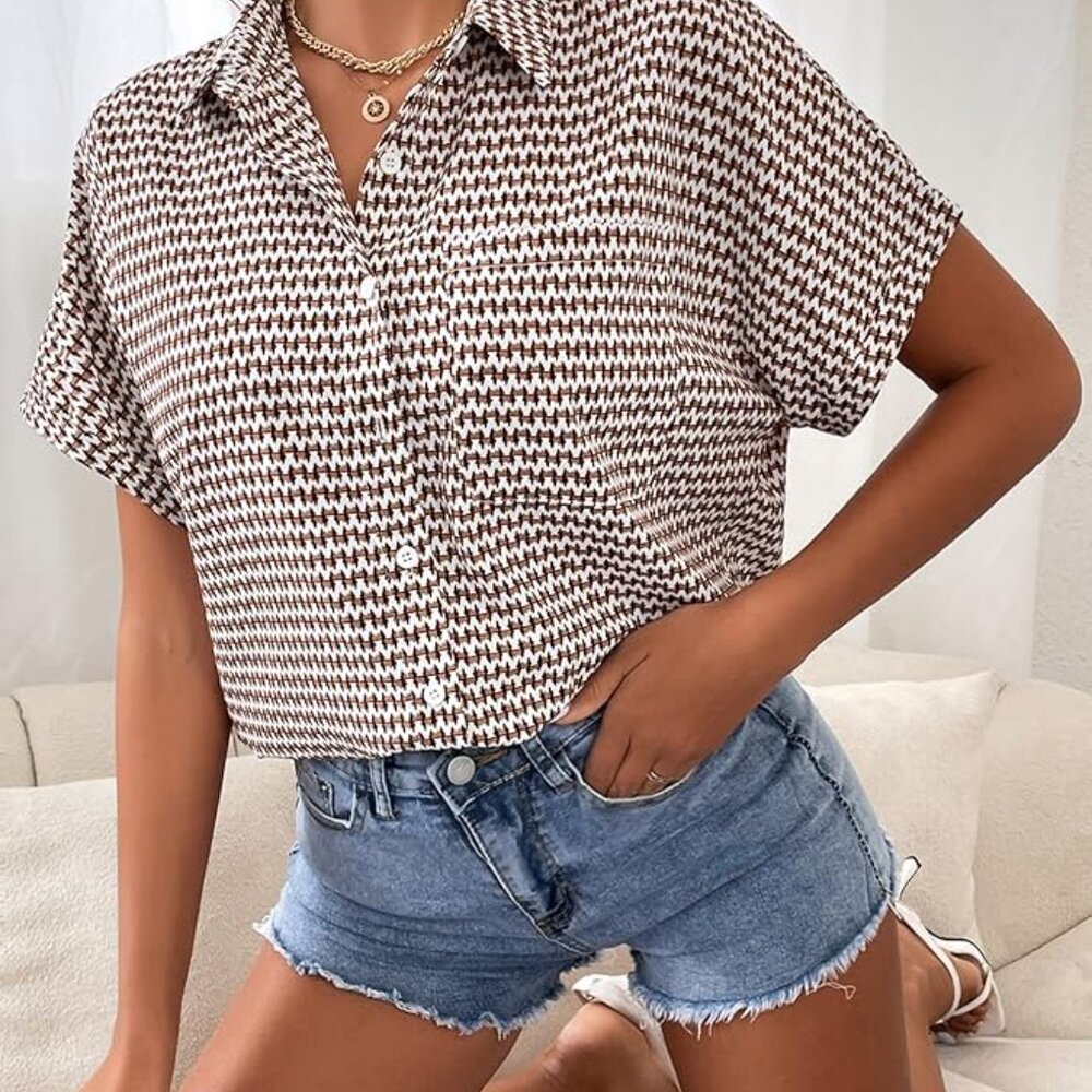 Classic Print Button Down Oversized Boyfriend Shi… - image 5